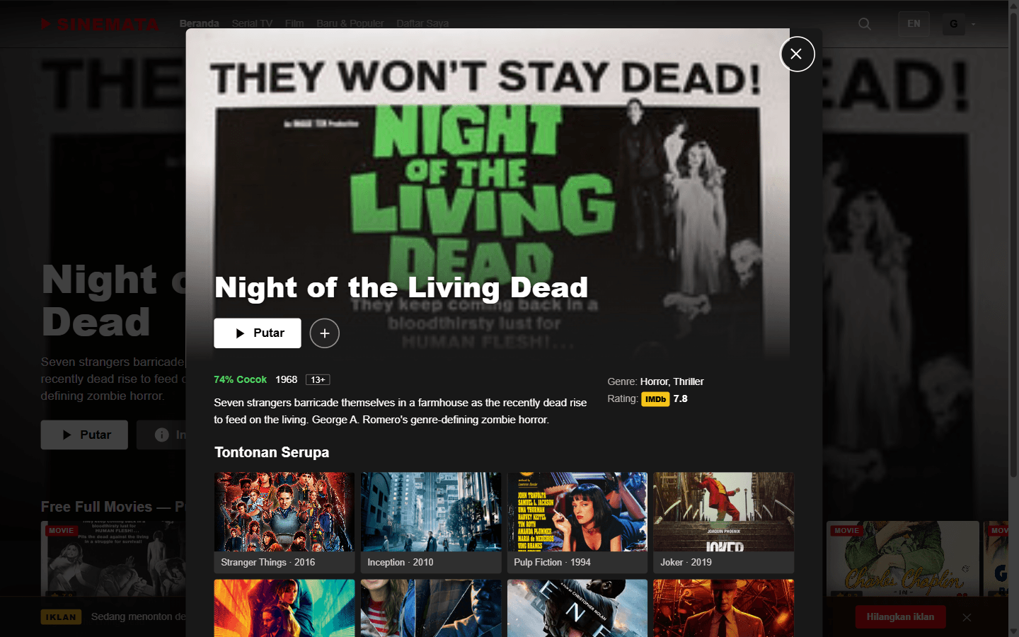 Detail modal — synopsis, similar titles, playback